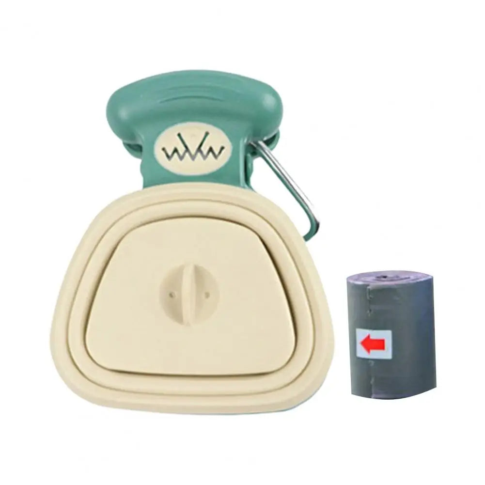 Beige dog waste bag dispenser with teal top and a roll of bags on a white background