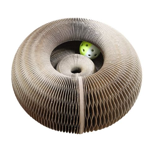 Cardboard cat toy with a green ball inside on a white background