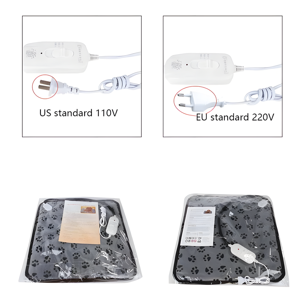 An electric heated mat shown in two views: one unpackaged on a white background with its white controller and power cord, and one packaged in clear plastic with a paw-print pattern. Two inset panels at the top show plug variations labeled US standard 110V and EU standard 220V.