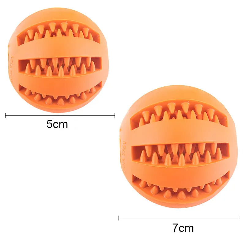 Two orange dog toys with textured surface and measurements on a white background