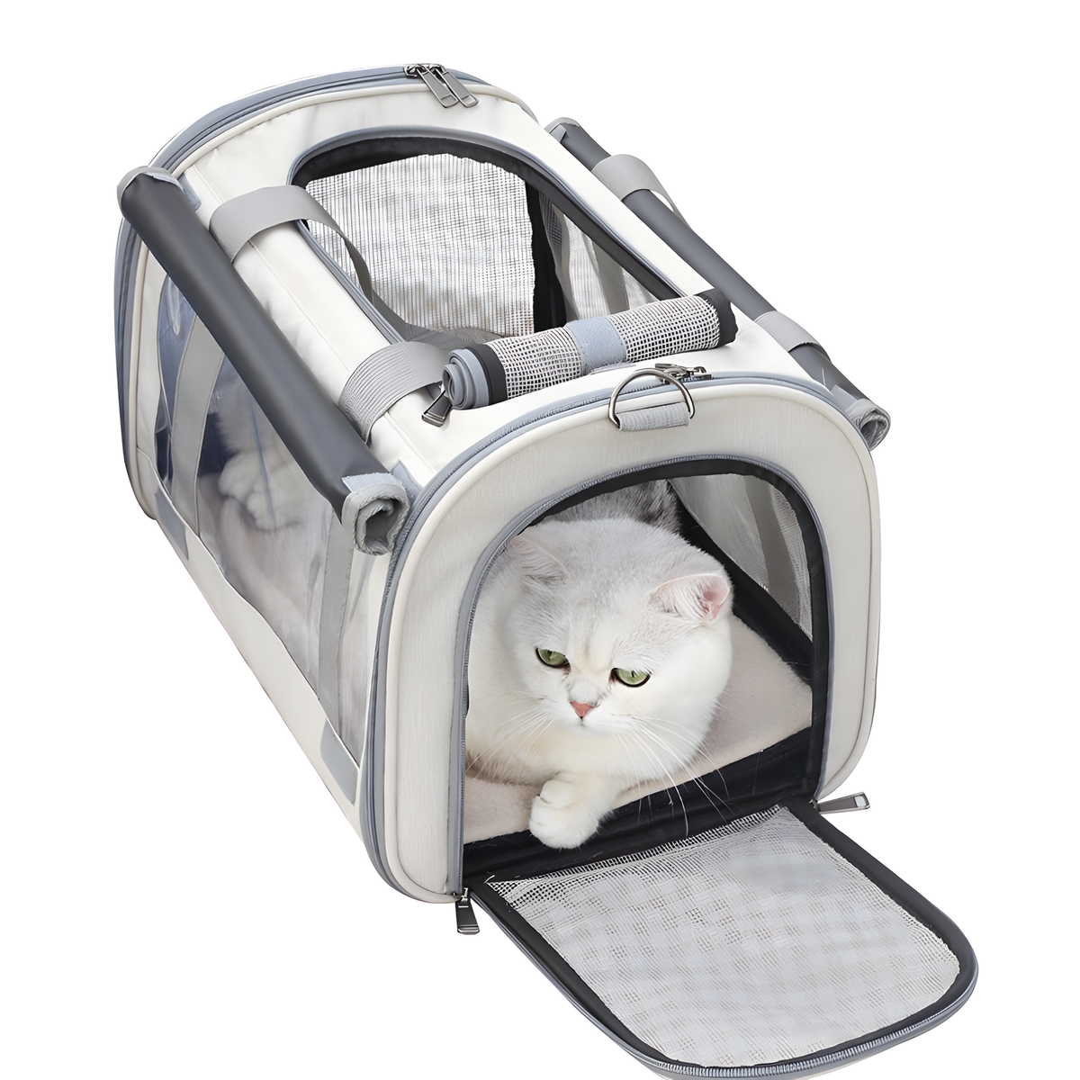 A white and gray pet carrier bag with a white cat sitting inside, shown on a clean white background. The carrier has clear mesh windows, gray handles, and an open front flap.
