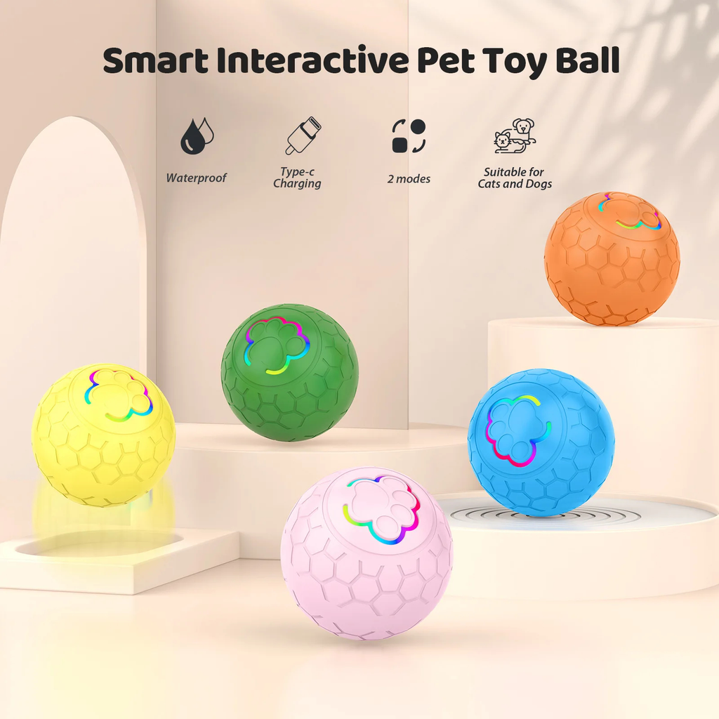 Smart interactive pet toy ball with colorful design on a neutral background