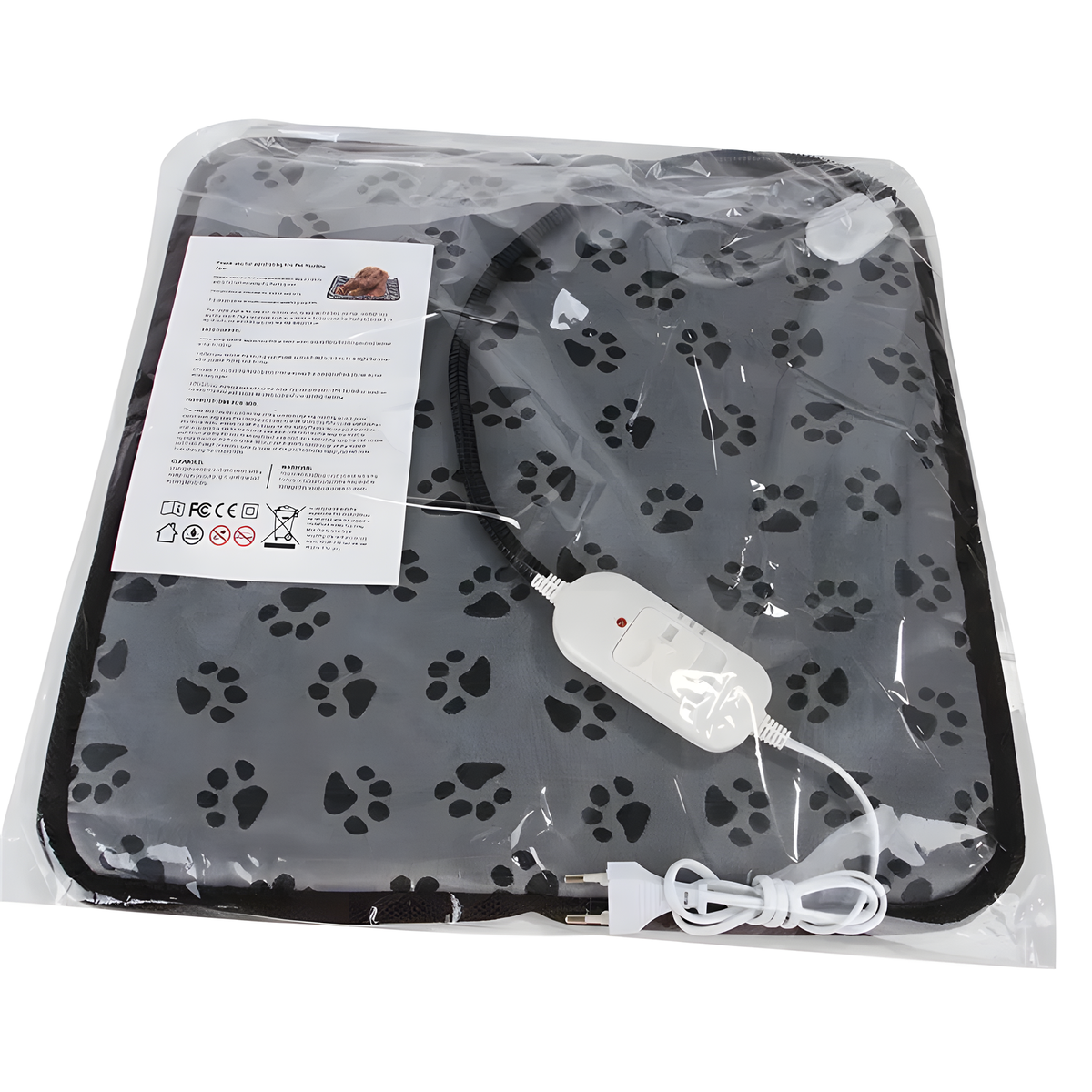 A pet heating pad in its clear plastic packaging, featuring a gray and black paw print pattern, with its white controller and power cord visible inside.