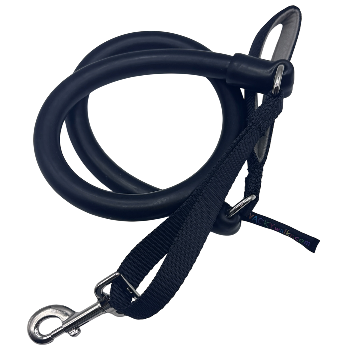 Purple dog leash with metal clip on a white background