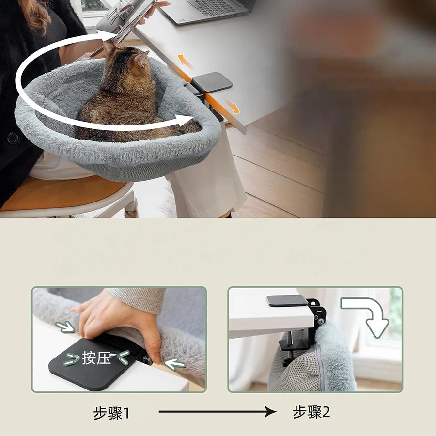 Cat using a small pet bed on a desk with step-by-step instructions below.