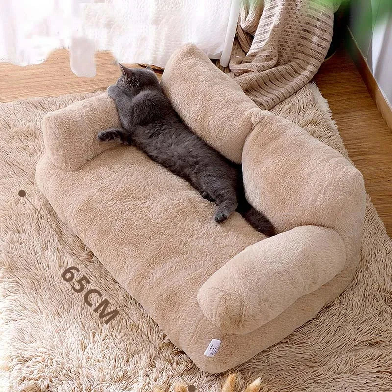Cat lying on a plush beige pet bed with dimensions indicated
