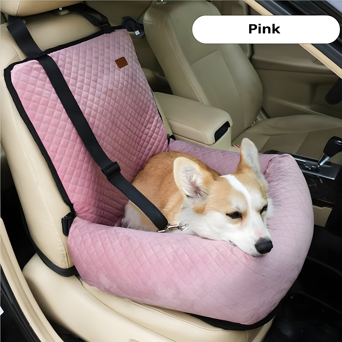 Pink pet car seat with a dog inside a vehicle, labeled 'Co-pilot single seat-pink'.