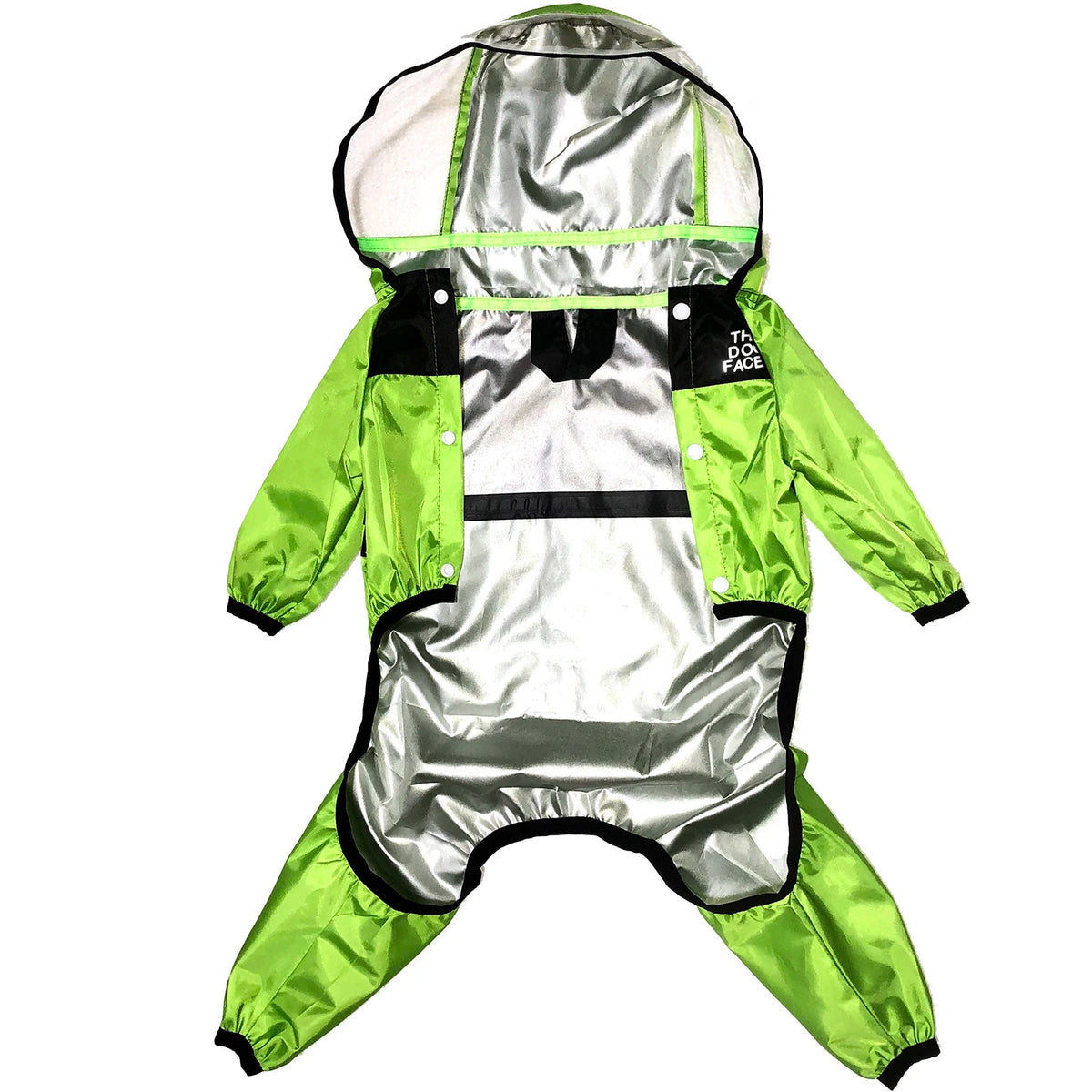 Green and silver rain suit with reflective stripes on a white background