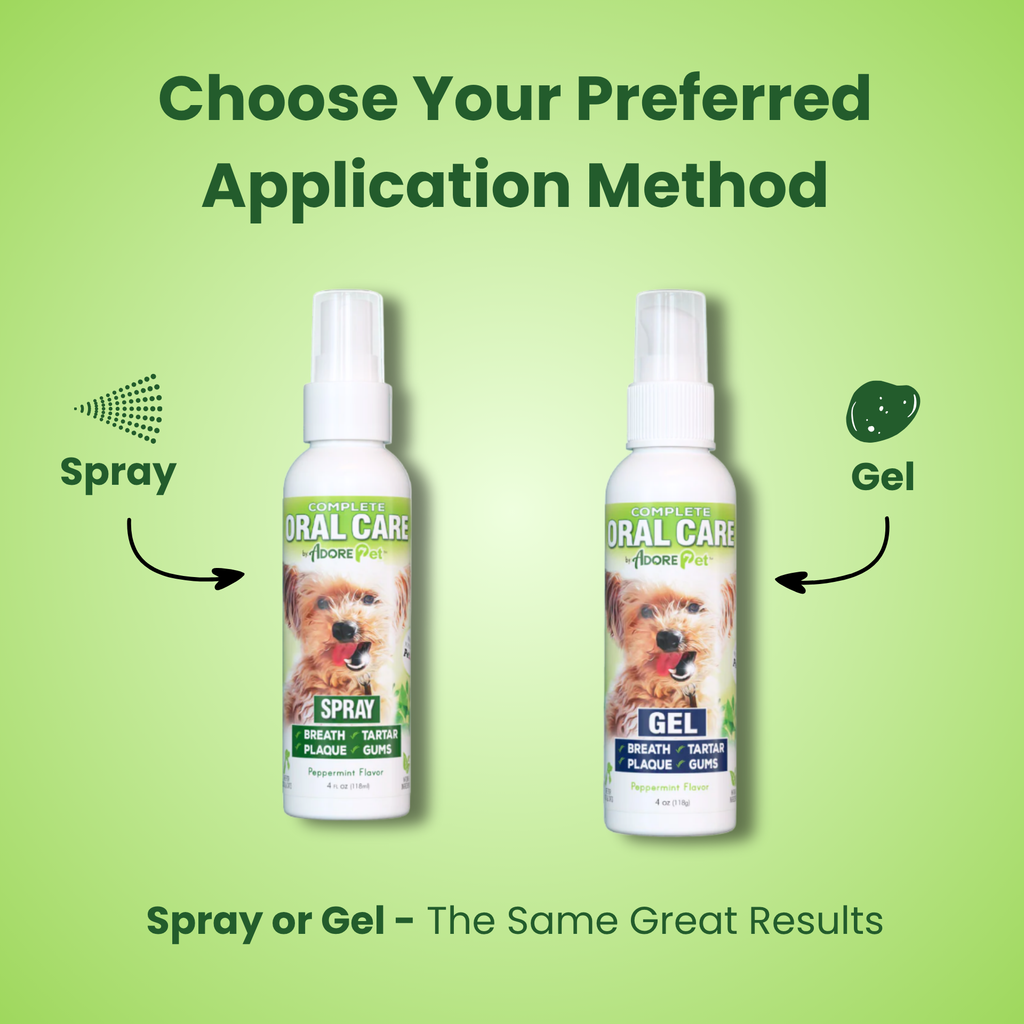 Two bottles of a pet oral care product, one spray and one gel, on a green background with text about application methods.