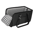 Black pet carrier with checkered interior on a white background