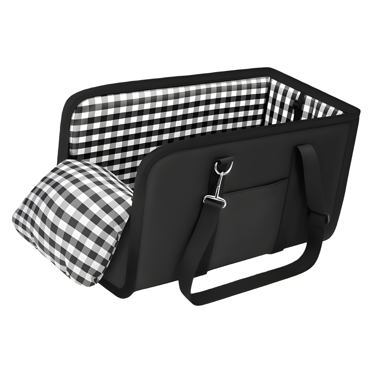 Black pet carrier with checkered interior on a white background