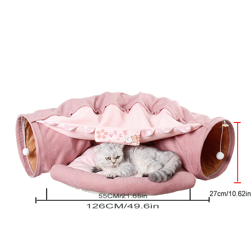 Pink pet tunnel with a cat inside, dimensions displayed