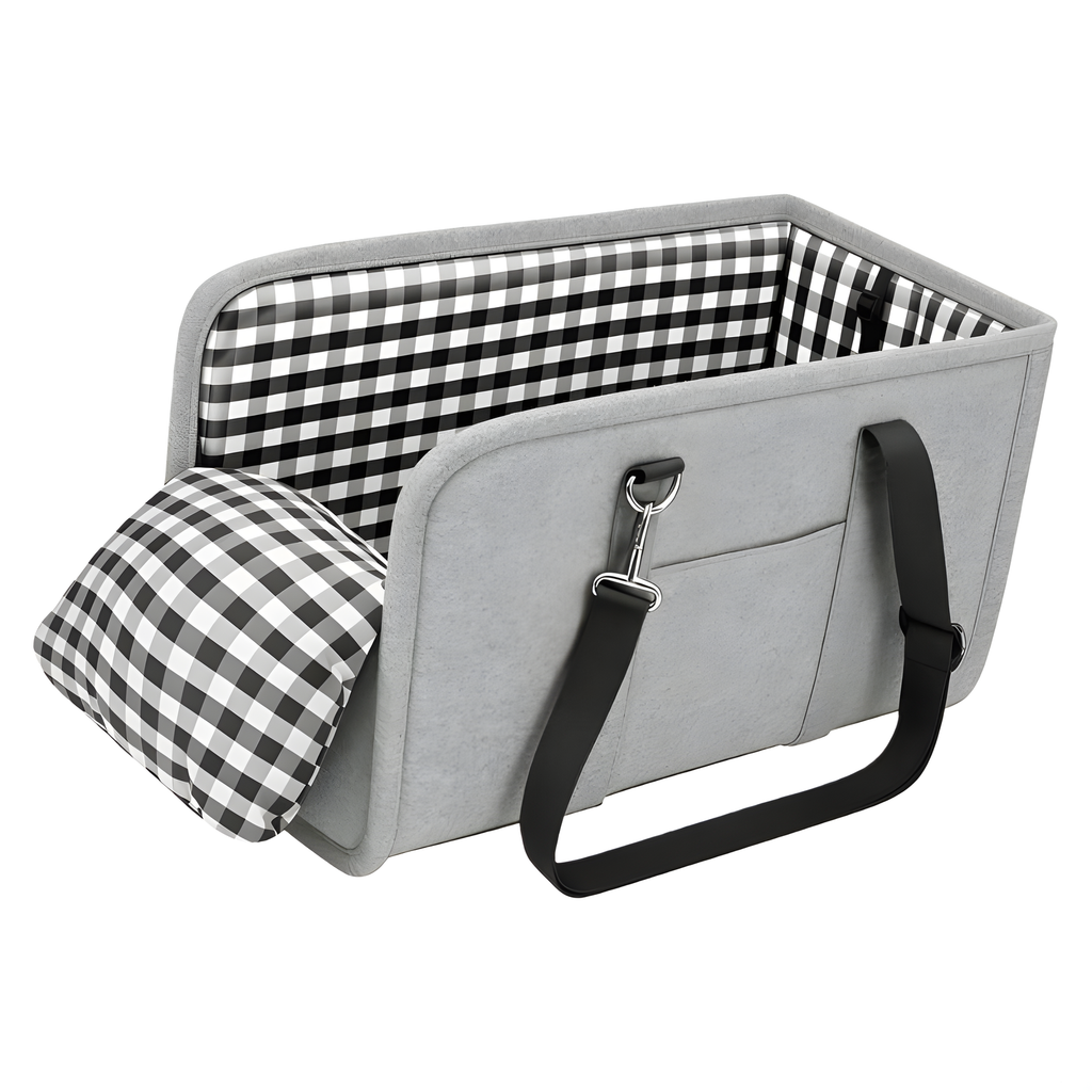 Gray pet carrier with black and white checkered interior on a white background