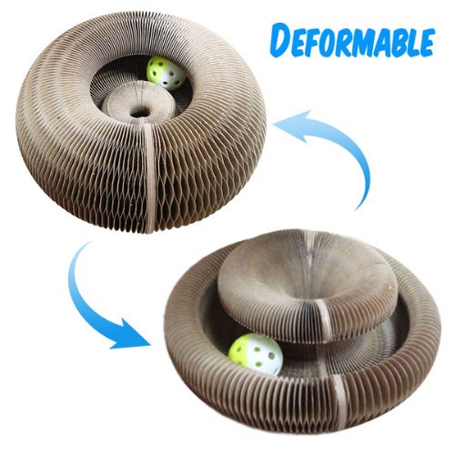 Deformable cat toy with a ball inside, showing its ability to change shape.