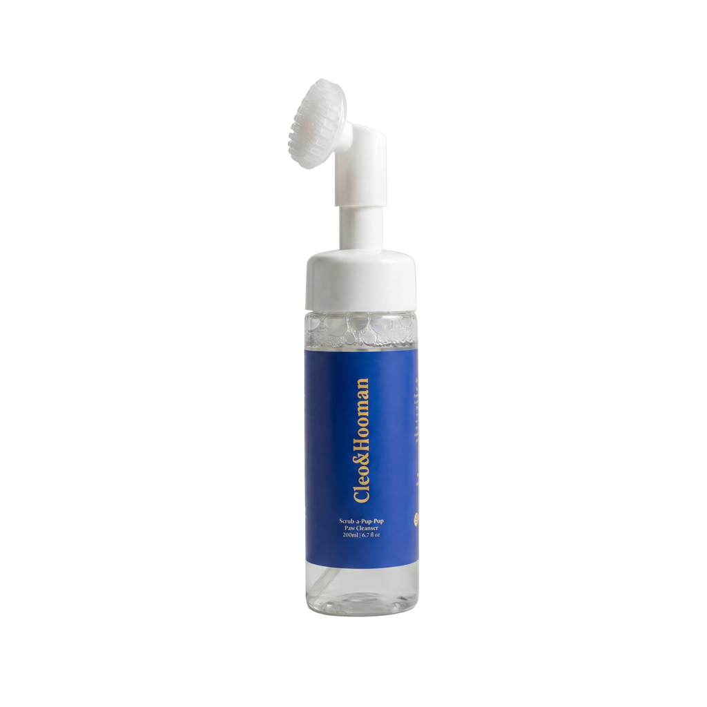 A Cleo Hooman foot and leg bath foam bottle with a white foam pump dispenser and a blue label, shown on a solid white background.