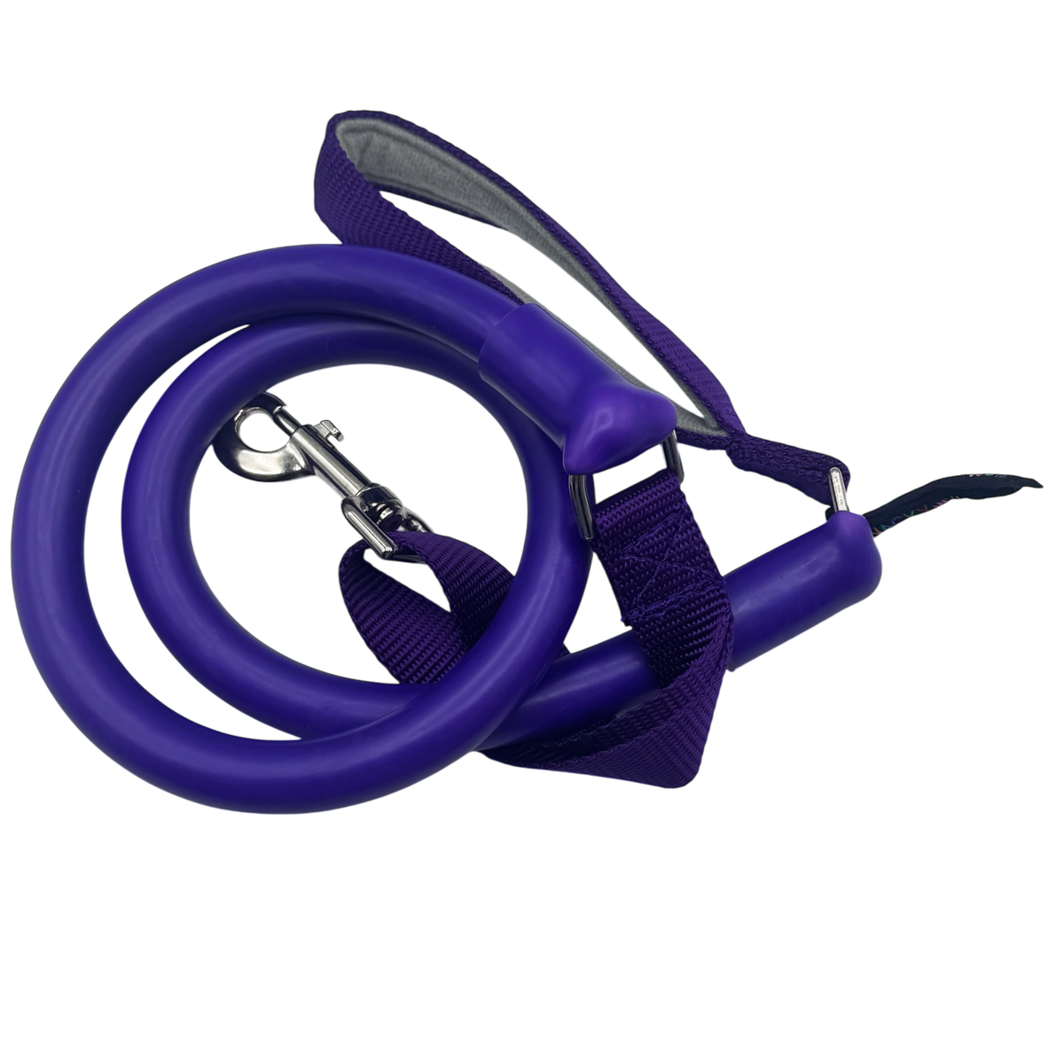 Purple dog leash with metal clip on a white background