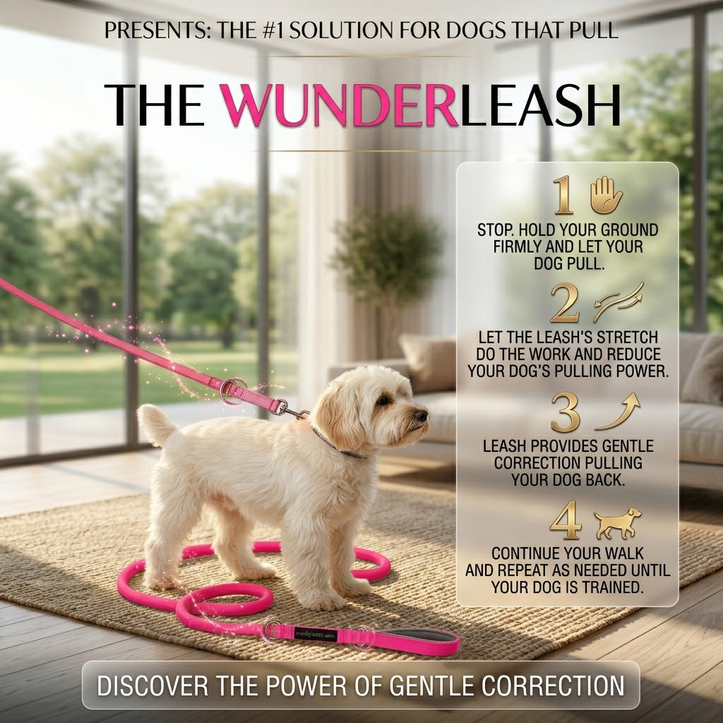 Dog on a pink leash with text about the Wunderleash in a home setting