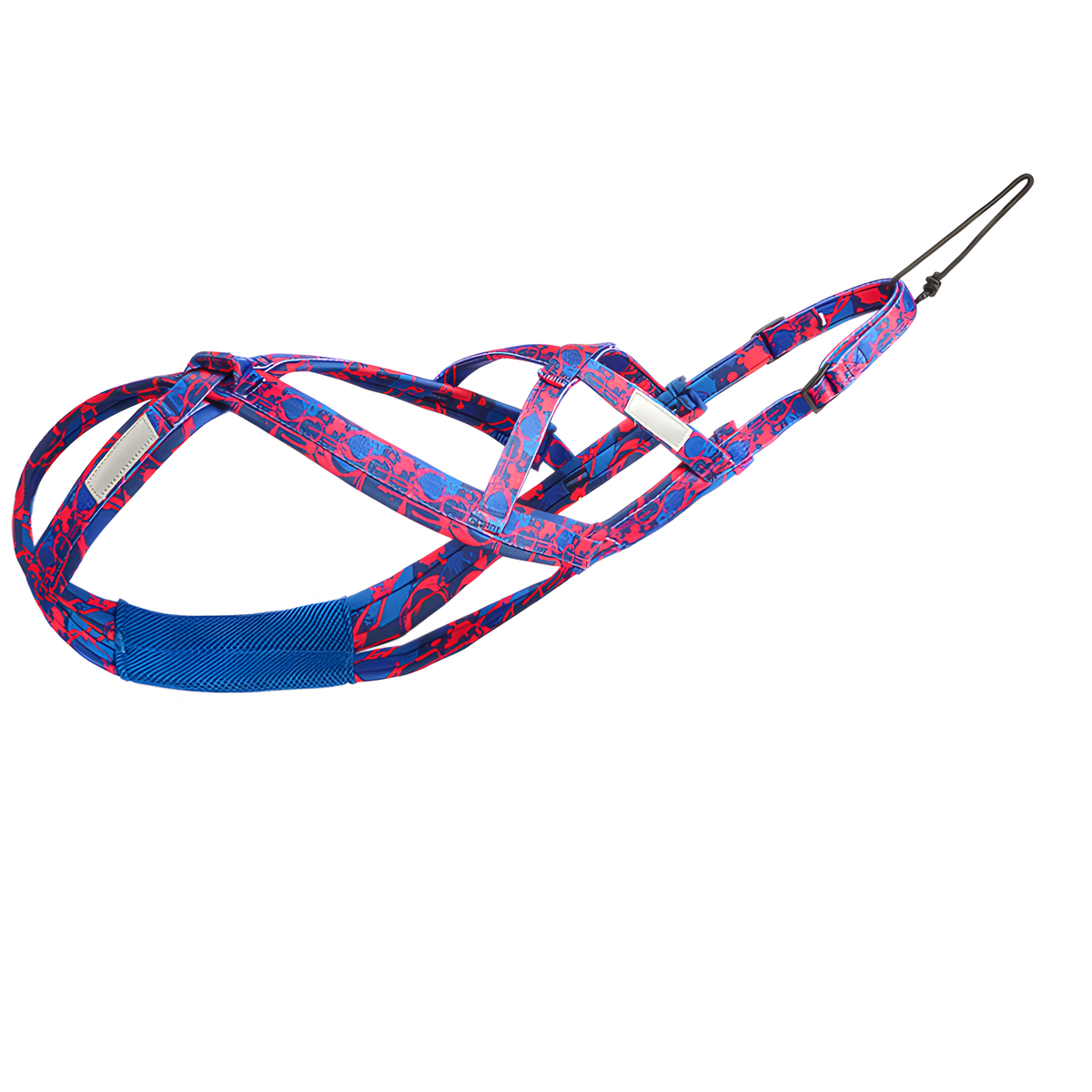 A blue and red patterned dog harness with a solid blue padded underbelly band and a black leash attachment loop, shown on a plain white background.