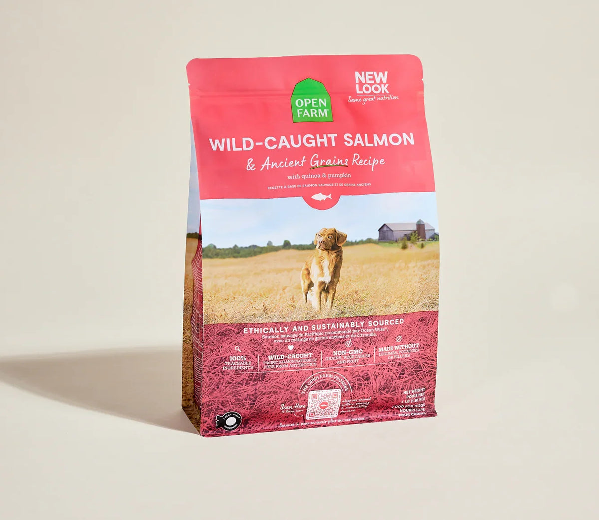 Dog food package with a red label featuring a cow and field on a beige background