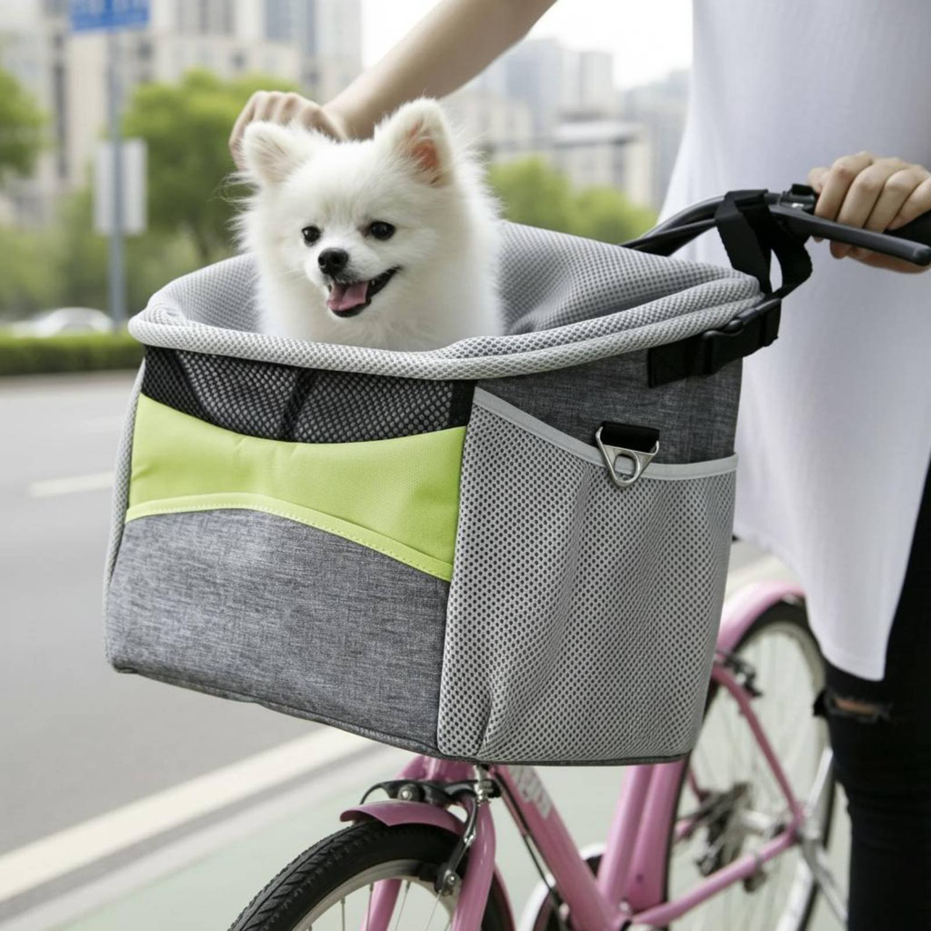 A small white dog sits in a gray bicycle pet basket with mesh panels and a lime green accent stripe, attached to a pink bicycle being pushed by a person on a city street.