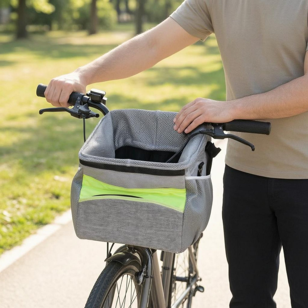 A person riding a bicycle in a park, holding the handlebars while wearing a gray bicycle basket with a bright lime green reflective stripe on the front.