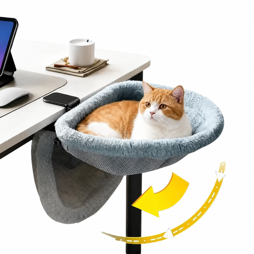 Cat lounging in a wall-mounted pet bed attached to a desk.