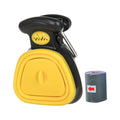 Yellow and black dog leash retractable handle with a roll of gray leash on a white background