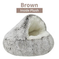 Gray pet bed with brown inside plush on a white background