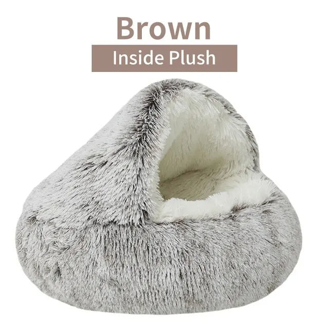 Gray pet bed with brown inside plush on a white background