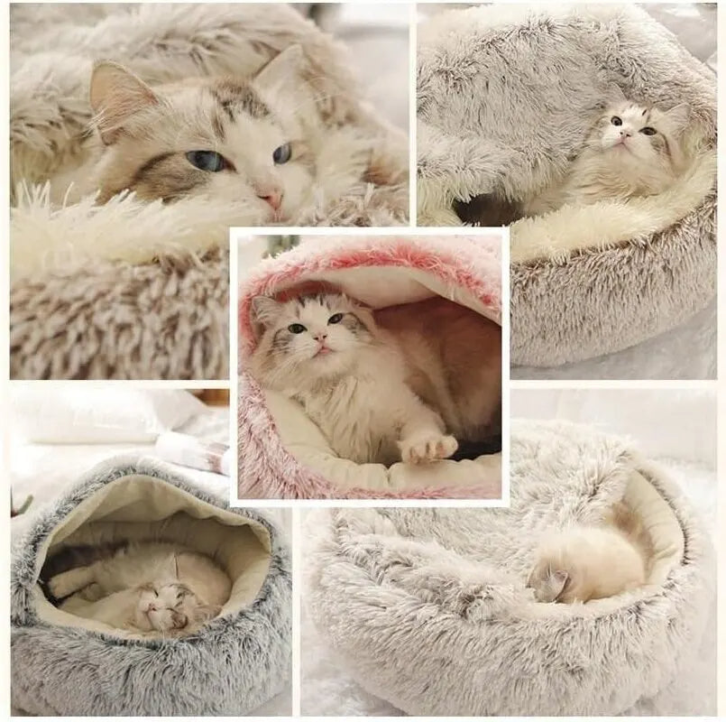 Collage of a white cat lounging in various plush pet beds.