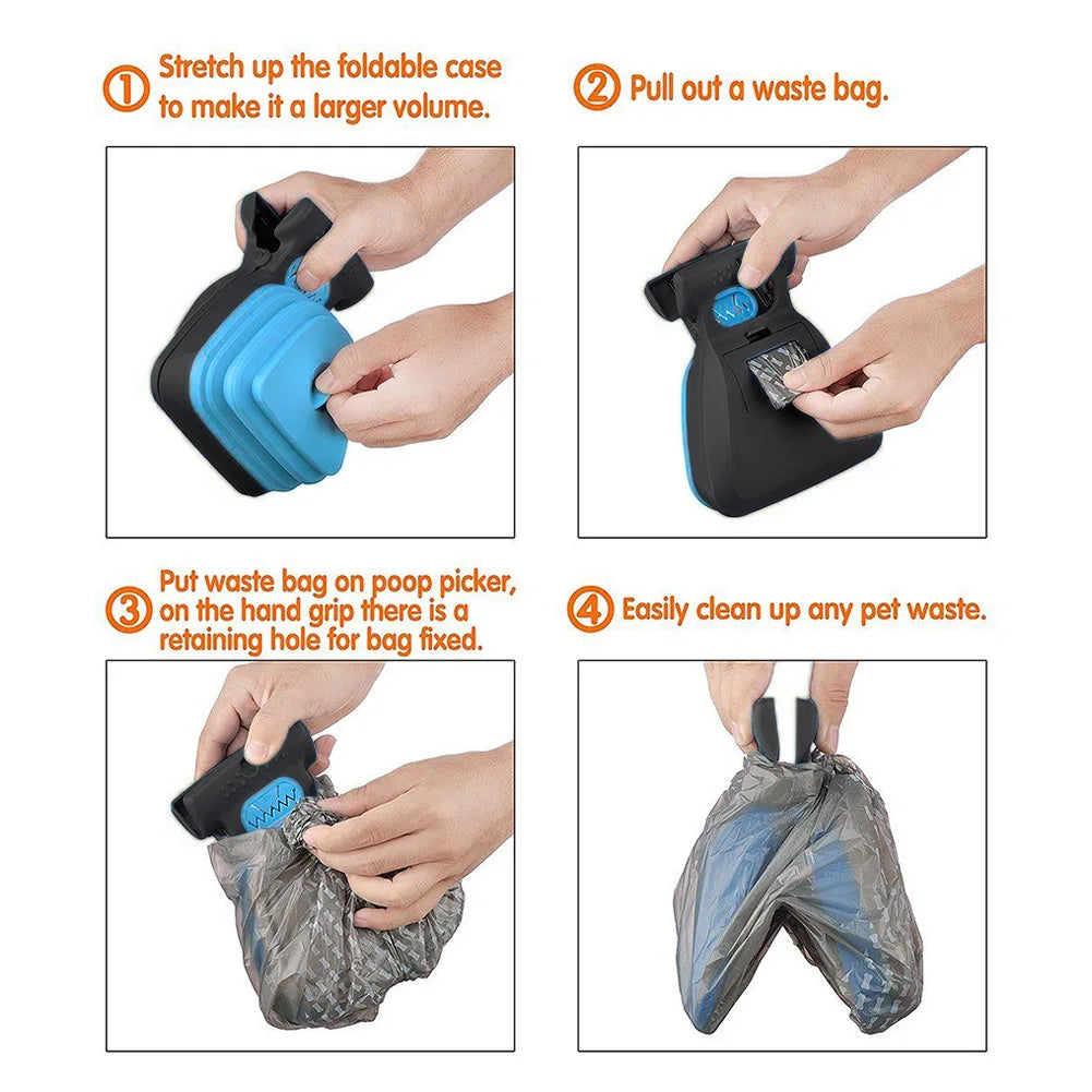 Instructions for using a pet waste picker with a foldable case and waste bag.