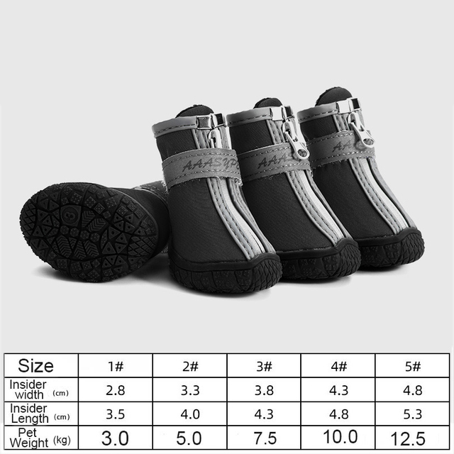 Set of black and gray pet boots with size chart on a white background