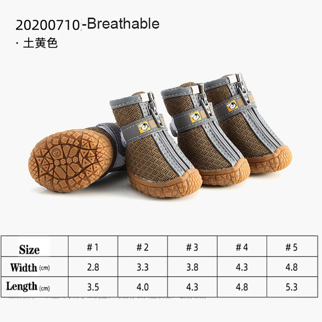 Pair of brown pet boots with gray straps on a white background, featuring size chart below.