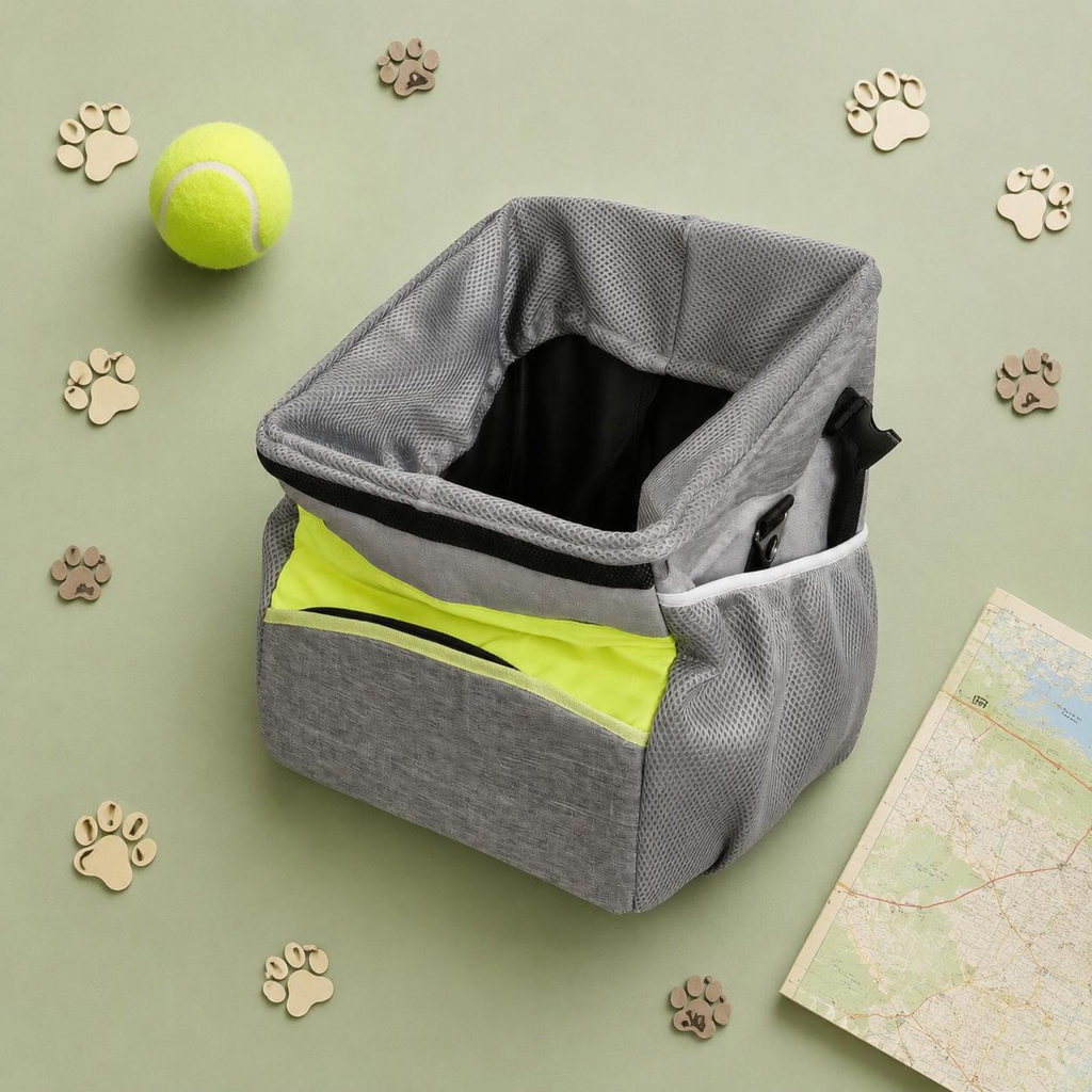 A gray mesh dog carrier or pet play bag with a bright neon yellow-green zipper accent, shown open on a light sage green background with scattered wooden paw prints, a tennis ball, and a map.