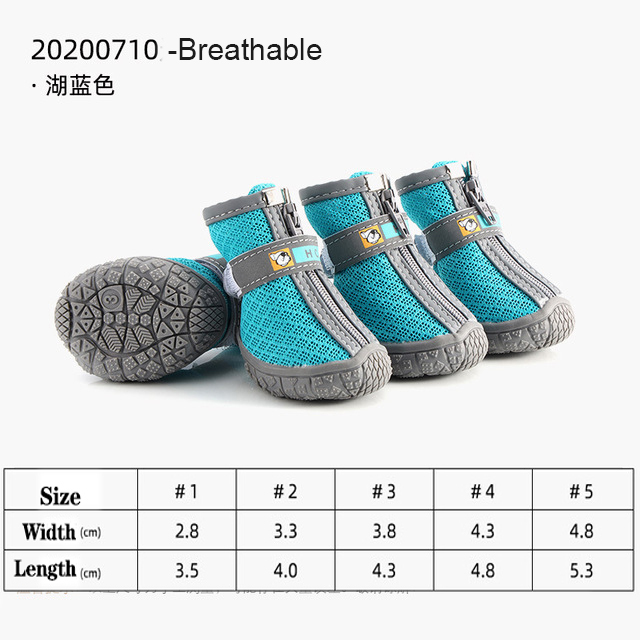 Blue and gray pet boots with size chart on a white background