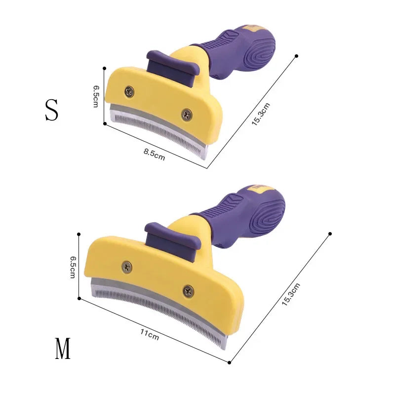 Two yellow and purple pet grooming tools with measurements on a white background