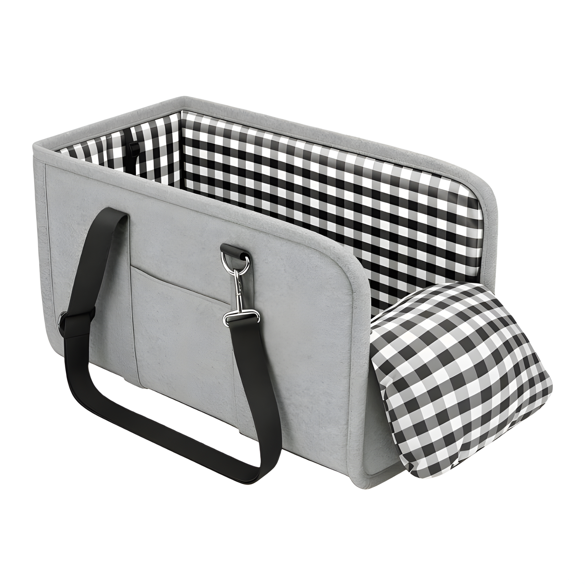 A gray fabric baby car seat organizer with a black and white gingham patterned interior lining and matching side cushion, featuring a black shoulder strap and metal clip, shown on a plain white background.