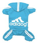 Blue pet hoodie with 'adidog' logo on a white background