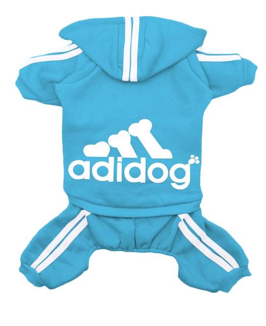 Blue pet hoodie with 'adidog' logo on a white background