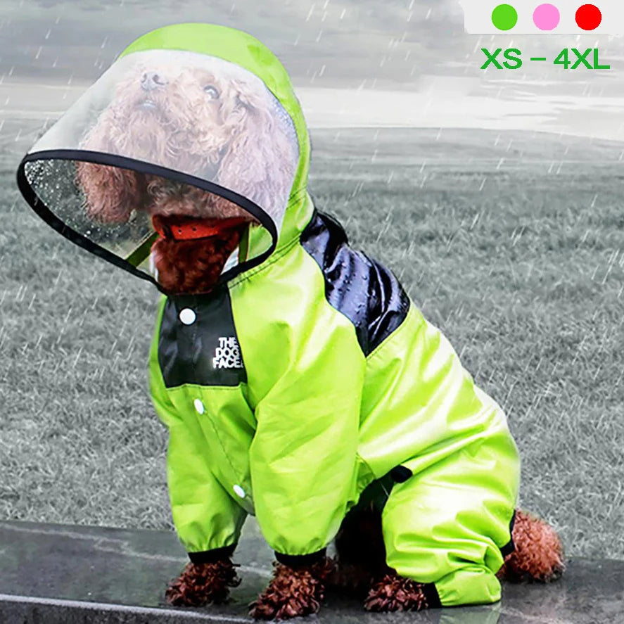 A small dog wearing a bright neon green full-body raincoat with a clear face shield, photographed outdoors in the rain. The coat has black shoulder panels and a visible 'THE DOG FACE' chest print.