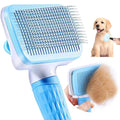 Pet grooming brush with a close-up of a dog being groomed on a white background