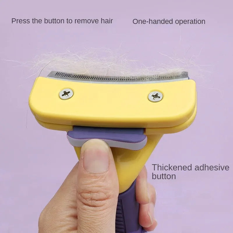 Yellow and purple grooming tool held by a hand with text on a purple background