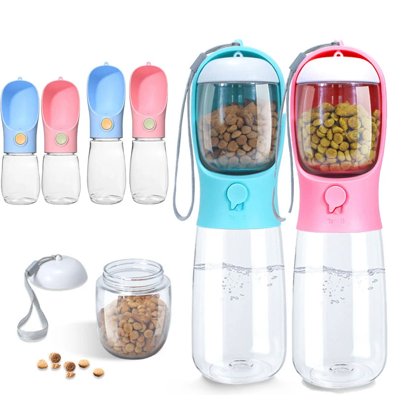 Pet water bottle and food container with multiple color options on a white background