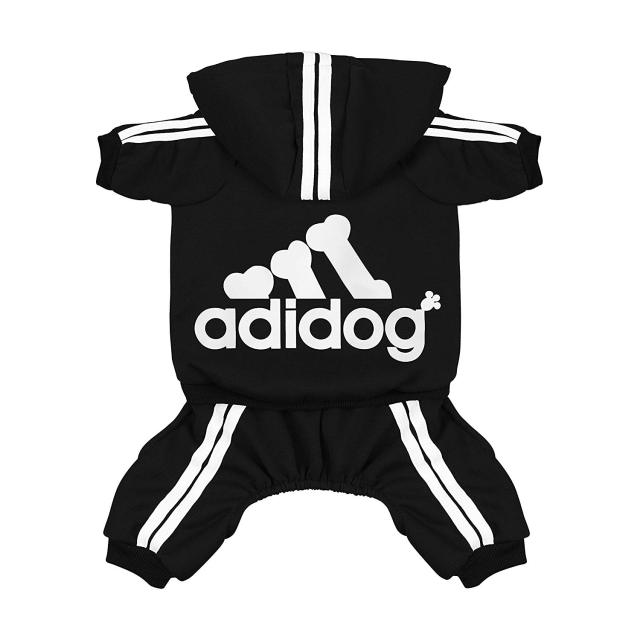Black pet hoodie with white stripes and 'adidog' logo on a white background