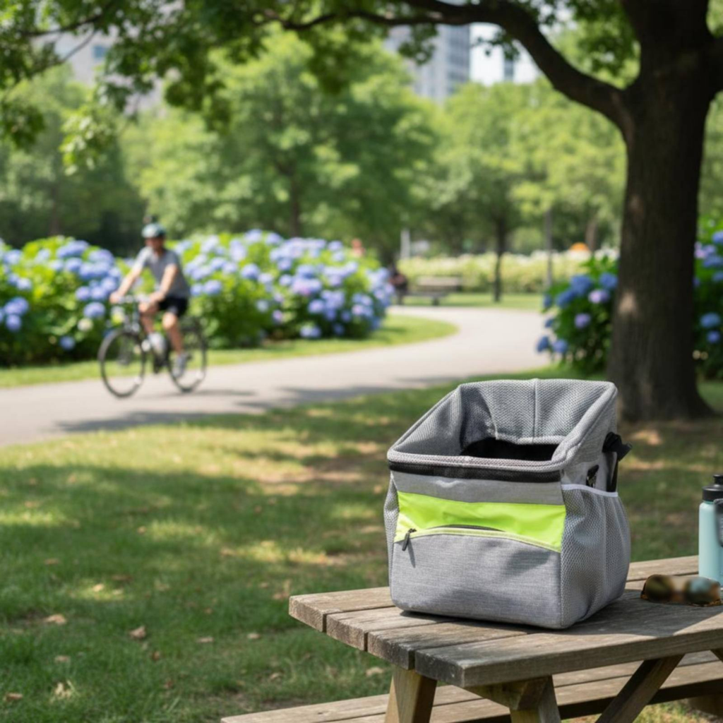 A gray soft-sided cooler bag with a bright lime green horizontal stripe sits on a wooden picnic table in a sunny park. A blurred cyclist rides along the path in the background, with trees, grass, and blue flowers visible.