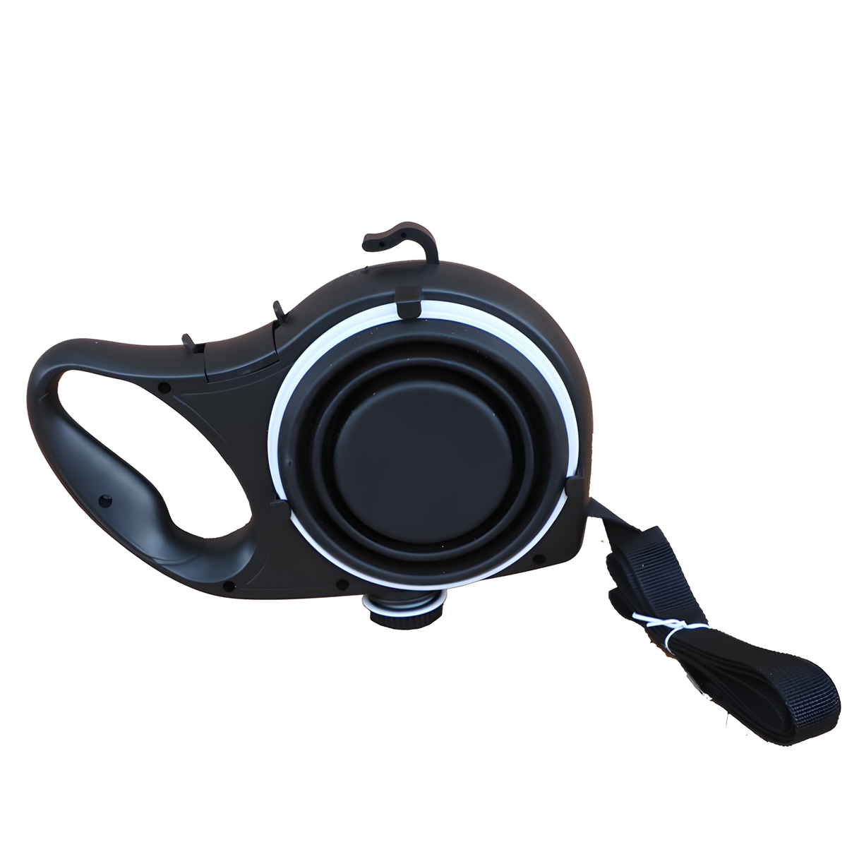 Black retractable dog leash on a white background