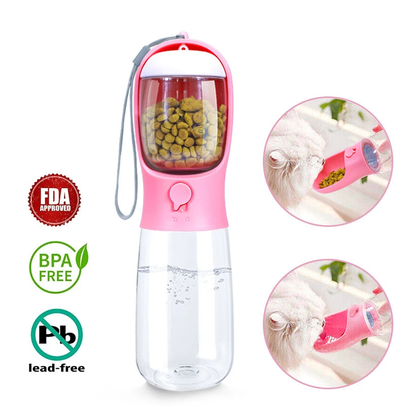 Pink pet water bottle with food compartment and FDA, BPA-free, and lead-free certifications on a white background.