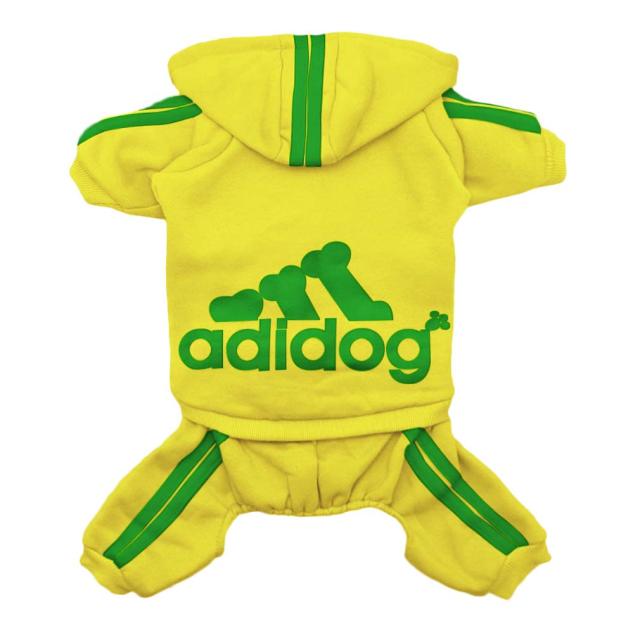 Yellow pet hoodie with green accents and 'adldog' branding on a white background