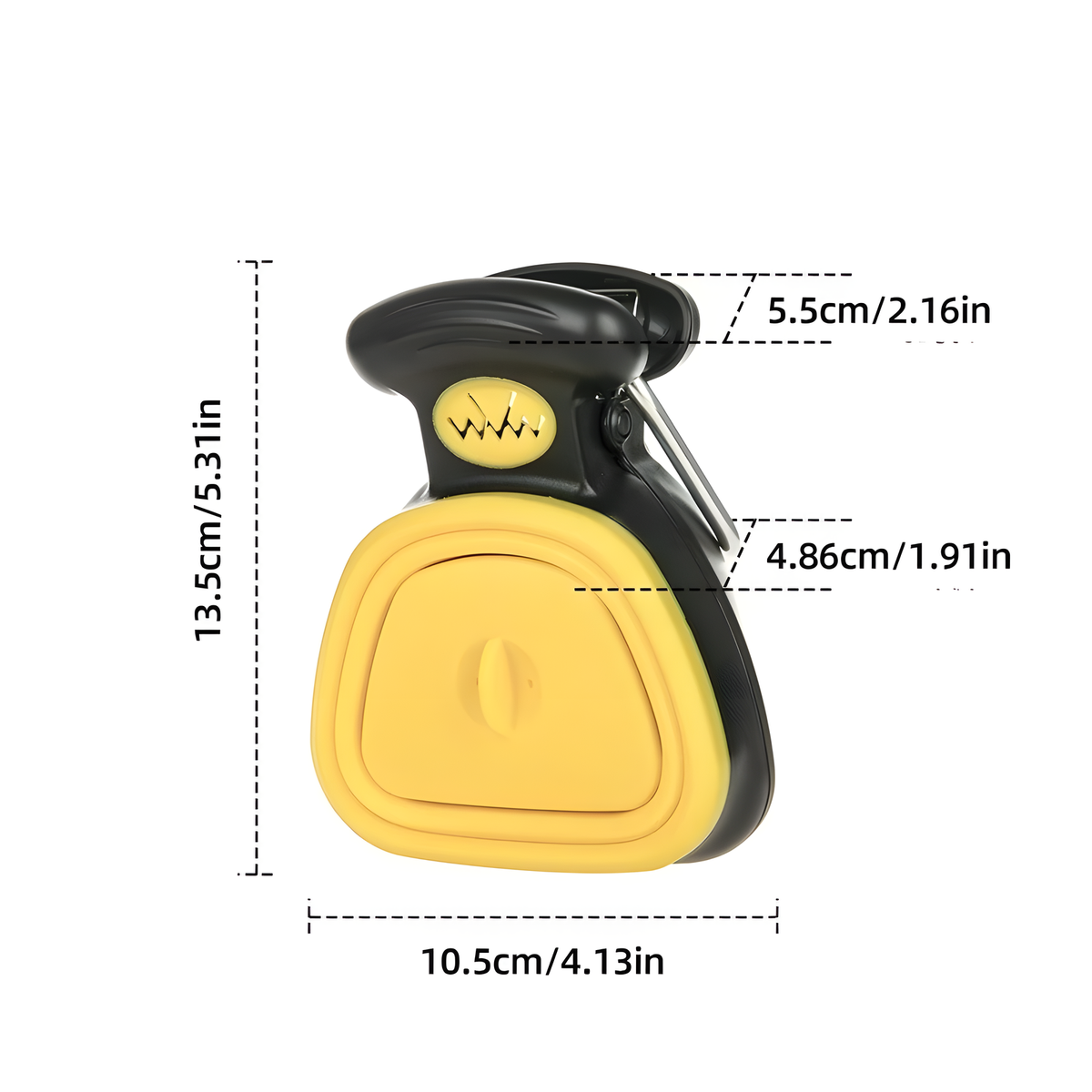 A black and yellow clip-style tool shown on a white background with measurement annotations indicating 13.5 cm height, 10.