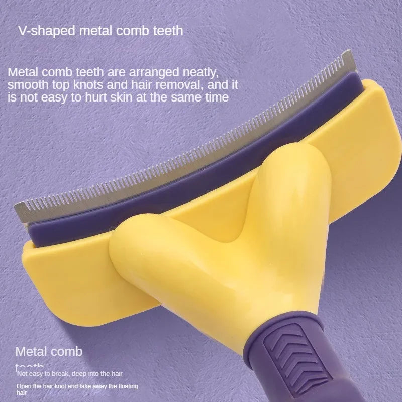 Yellow and purple metal comb on a purple background with text about metal comb teeth.